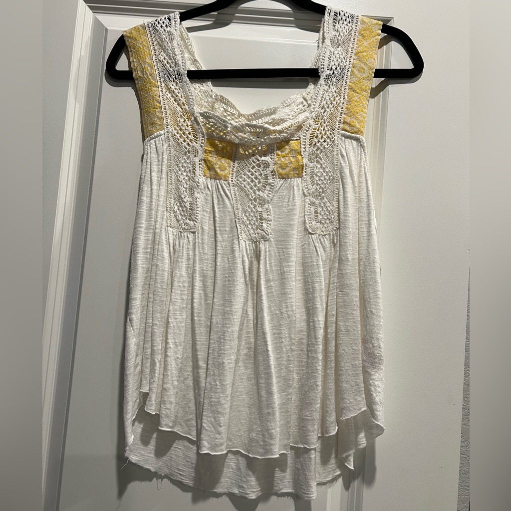 Free People Prairie Days Crochet Lace Tank Top Yellow & White